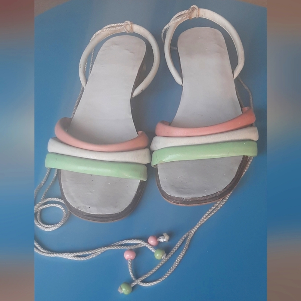 Courreges sandals with beaded ankle ties, gorgeous sorbet tones